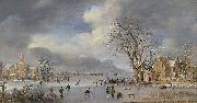 Aert van der Neer A winter landscape with skaters and kolf players on a frozen river, Germany oil painting artist